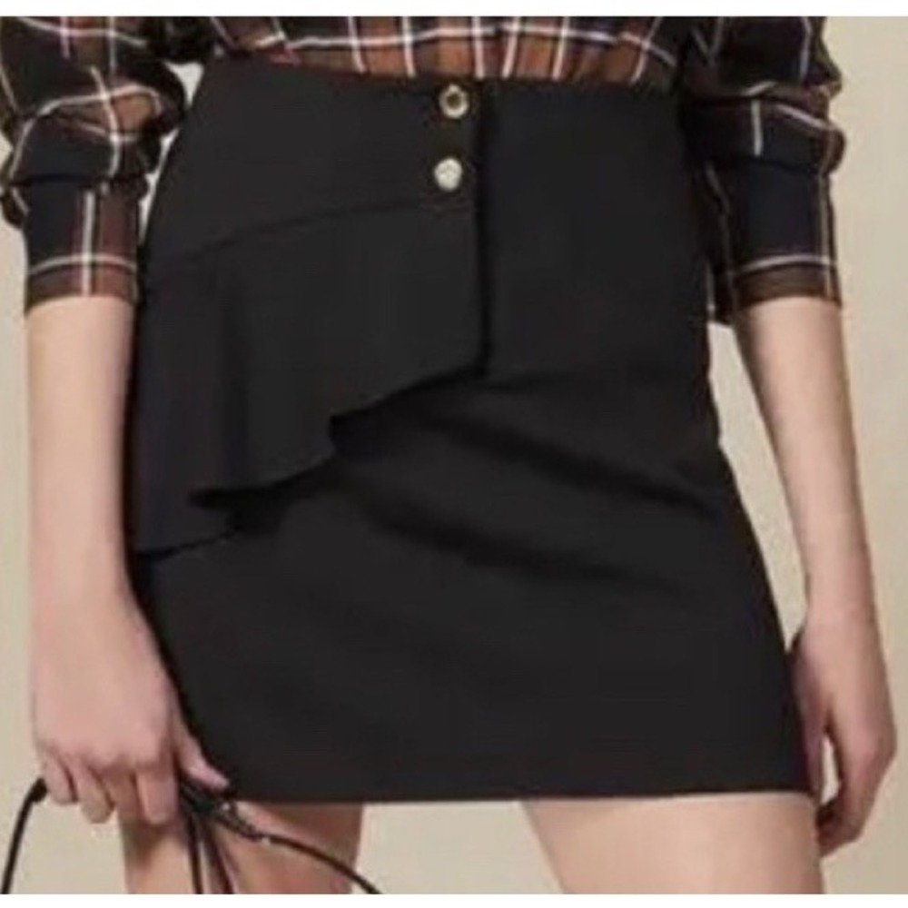 SANDRO Short Skirt with Asymmetrical Ruffle - Size 2 Black - Picture 1 of 8
